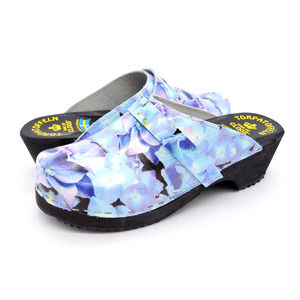 Torpatoffeln Clogs Womens 6 Blue Leather Hydrangea Mule Round Toe Slip On EU 36